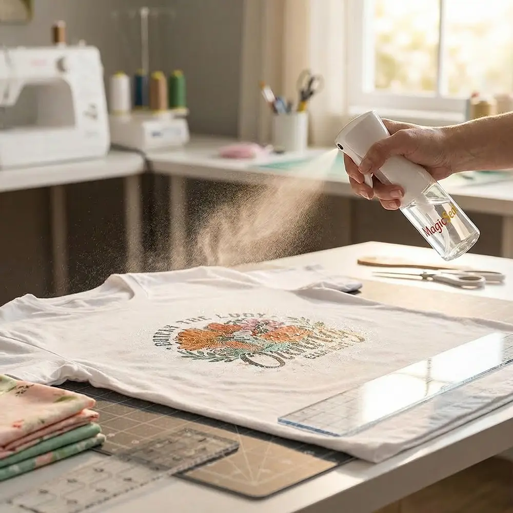Applying MagicSeal spray to a printed shirt
