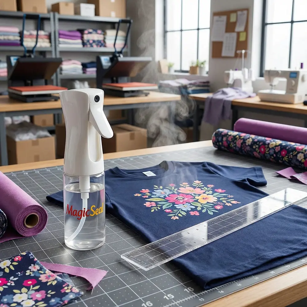 MagicSeal spray bottle with decorated shirt in workspace