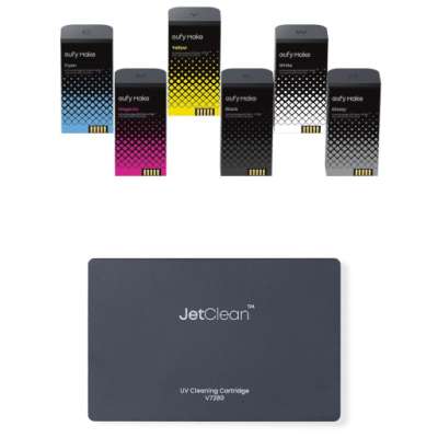 eufyMake E1 Ink Cartridge Kit - UV Ink (1 each) Black / Cyan / Magenta / Yellow / Gray / White (100ml each, 600ml total) and 1 cleaning cartridge (380ml) (V7240 Hard Bundle)